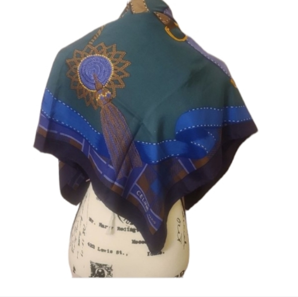 Celine Navy Blue Brown Gold Printed Silk Scarf - Picture 7 of 13